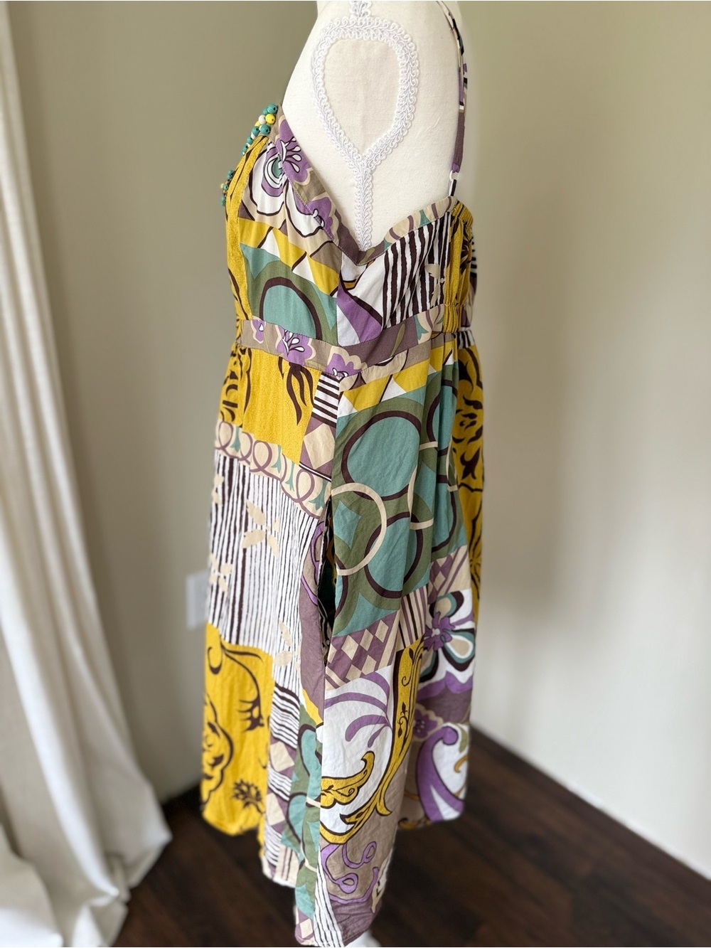 Vintage CAbi Multicolor Patchwork Sundress with Mustard Purple Teal Beading - Picture 5 of 9